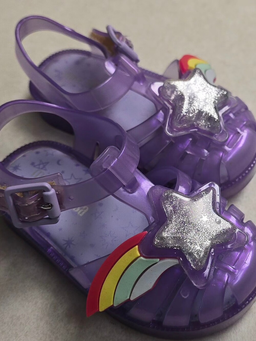 Mini Melissa Kids Purple Jelly Sandals with Silver Star & Rainbow Accent Size 6C